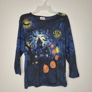 Halloween big graphic haunted house pumpkins bats tree spooky top size large
